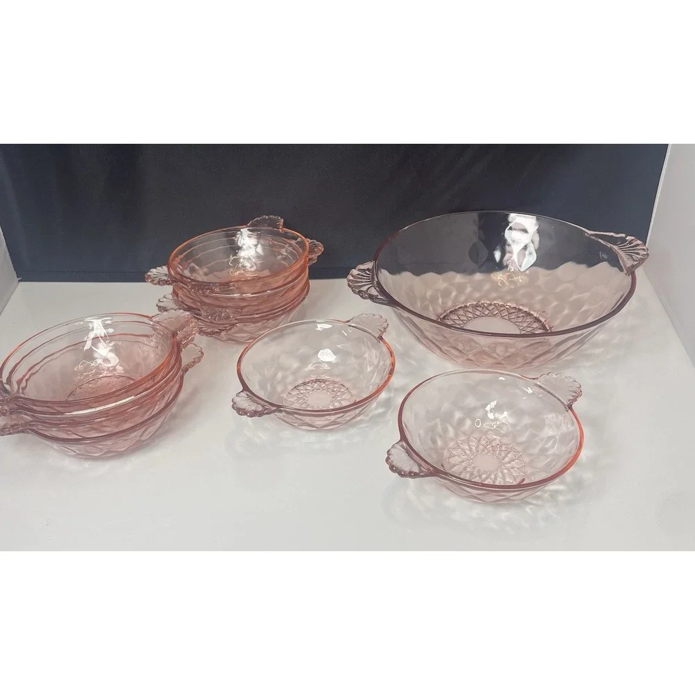 Pink Rose Depression Glass Handles Fruit Dessert Snack Bowls Set‎ Of 12 Scallop
